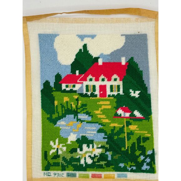 Vintage Unframed Needlepoint Country Scene Red White House 70s - Picture 2 of 5